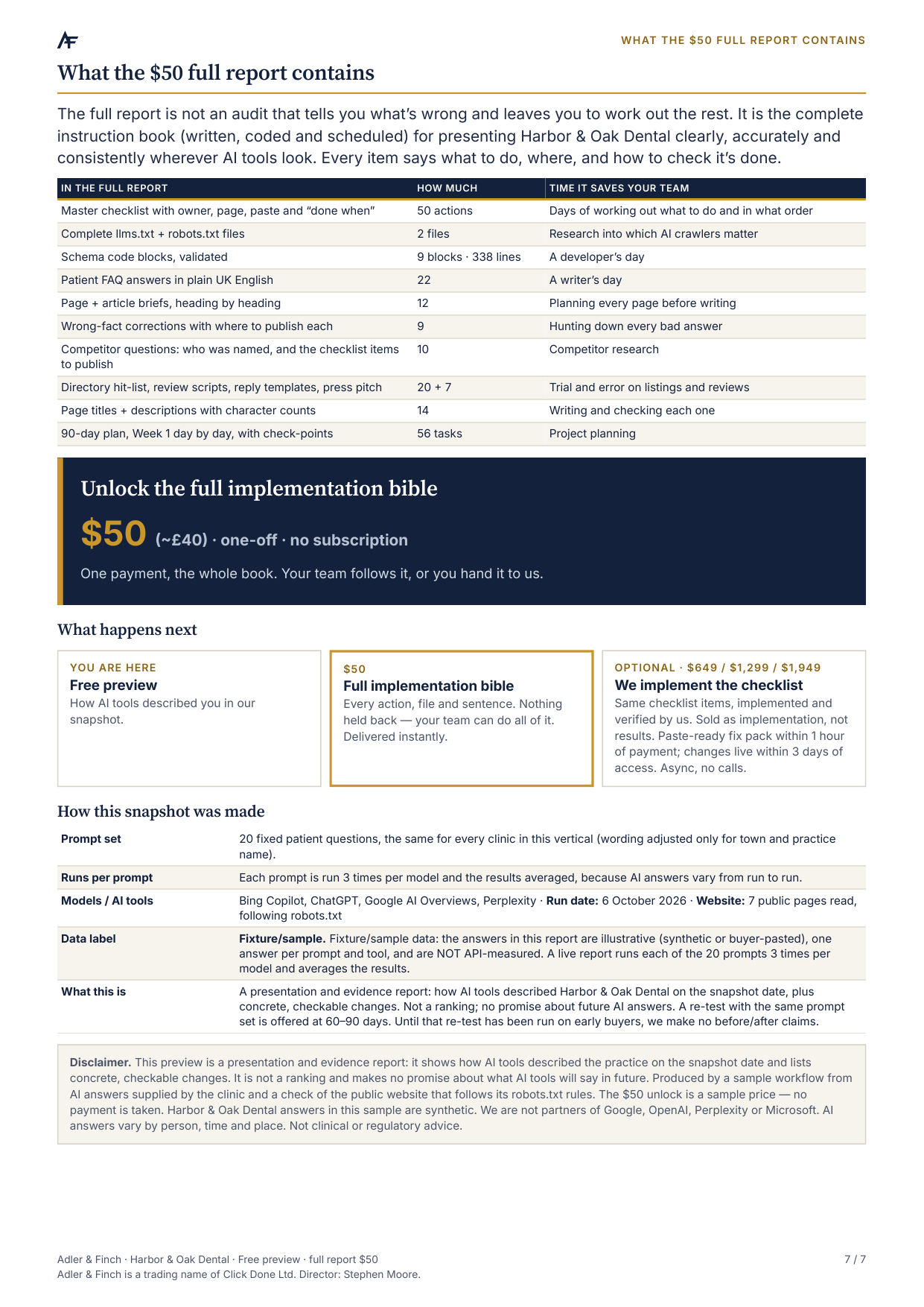 Harbor & Oak sample free snapshot, page 7 of 7: Full report contents